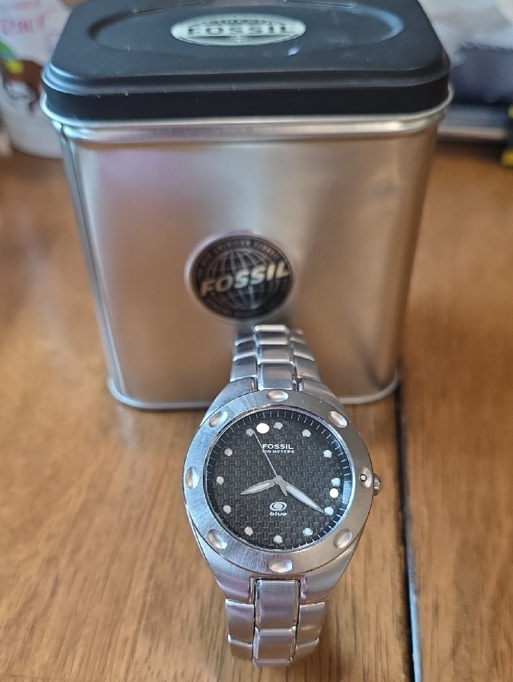 Fossil 100 Meter blue Silver Stainless Steel Watch with Black Dial